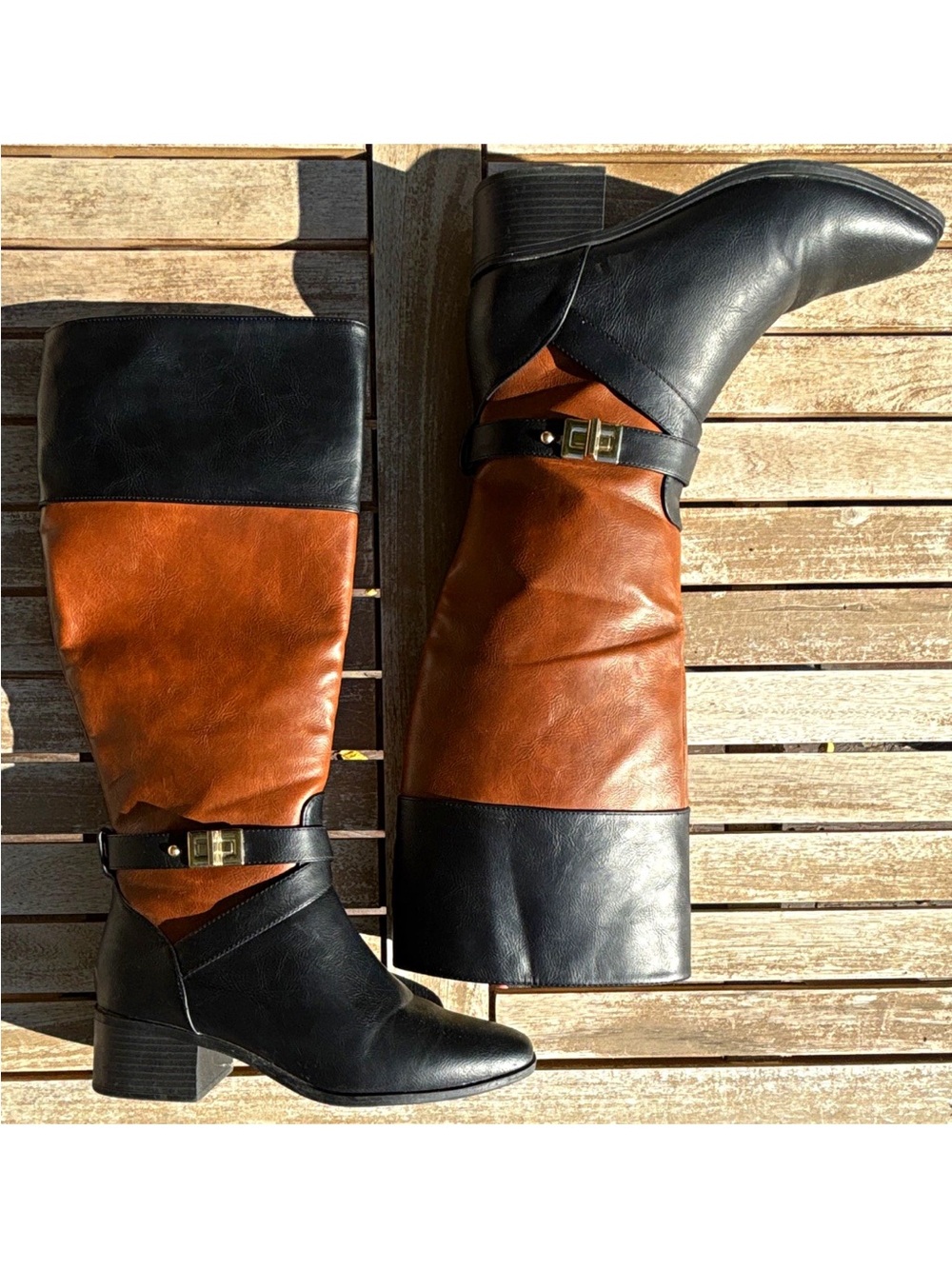 Just Fab Black and Tan Winnie Block Heel Boots | Women | Size 7.5